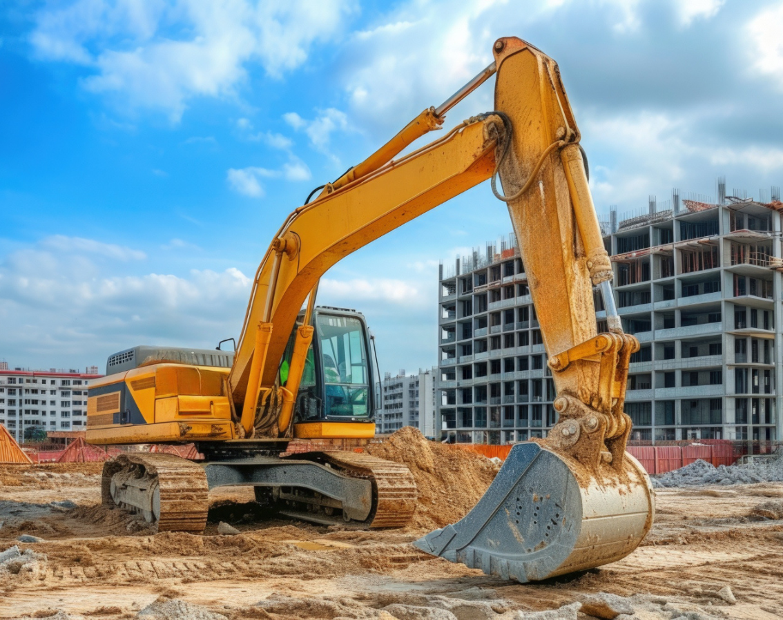 Construction site with excavator showing construction materials supply services by Ralbag Chain Limited in Kakamega.